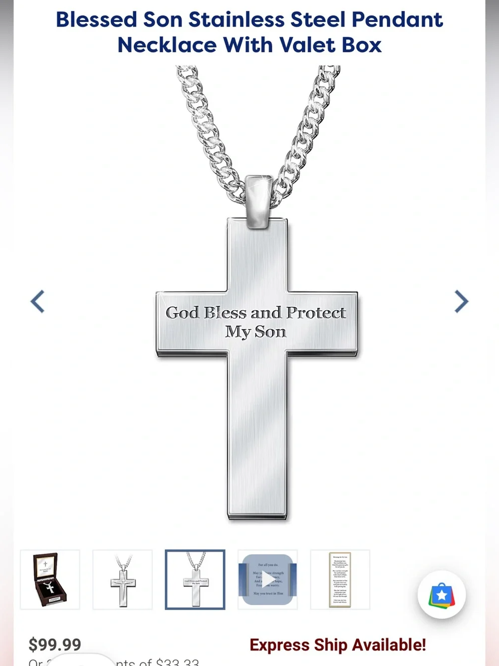 Bradford Exchange Stainless Steel Cross Necklace